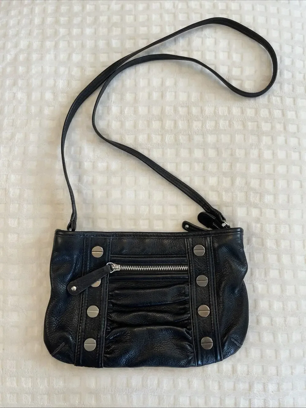 B Markowsky Soft Black Leather Studded Crossbody Bag Purse Animal Print Interior